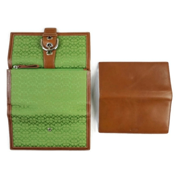 Coach Soho Signature Mini C Green Jacquard Dark Tan Trifold Checkbook Wallet Vtg - Picture 5 of 16